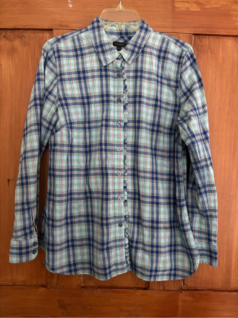 Talbots Blue Plaid Ruffle Cotton Shirt Blouse Top Size Large L
